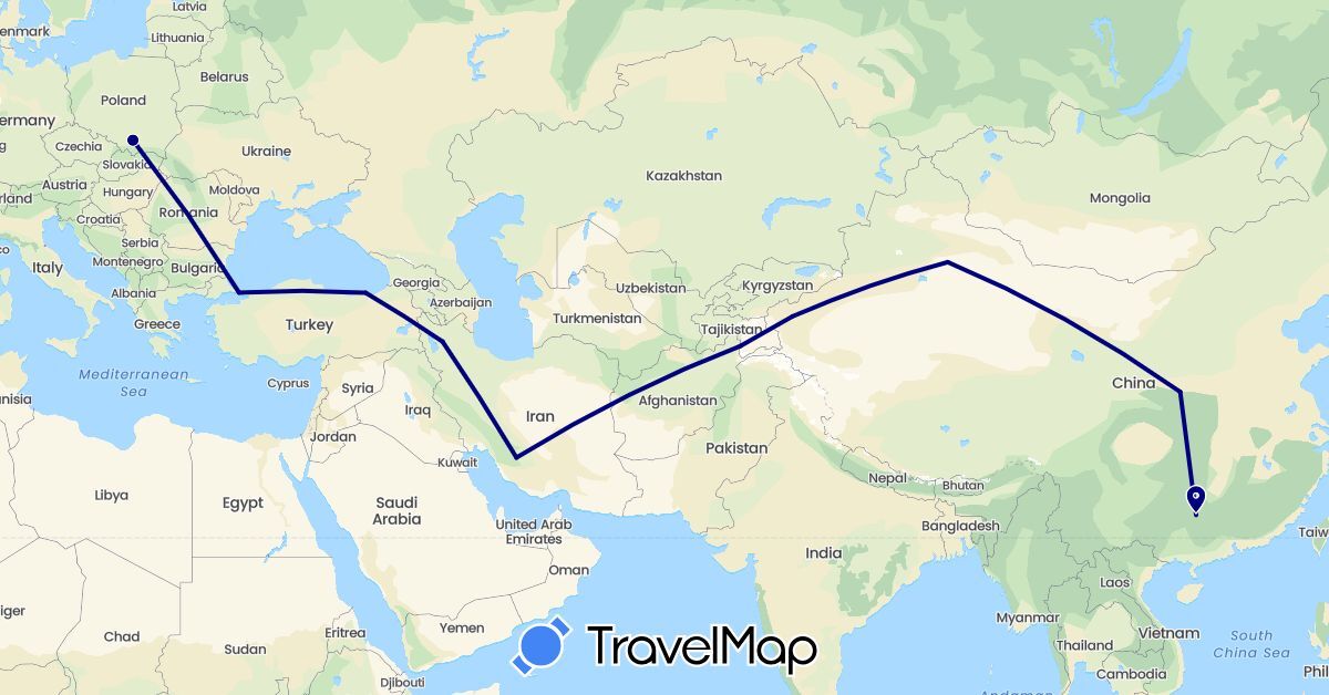 TravelMap itinerary: driving in China, Iran, Poland, Tajikistan, Turkey (Asia, Europe)
